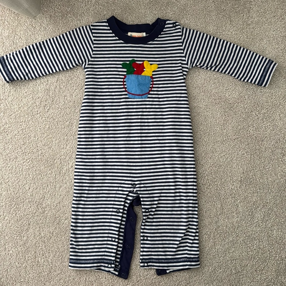 Baby Luigi long romper with felt fish appliqué. Navy/white stripe
